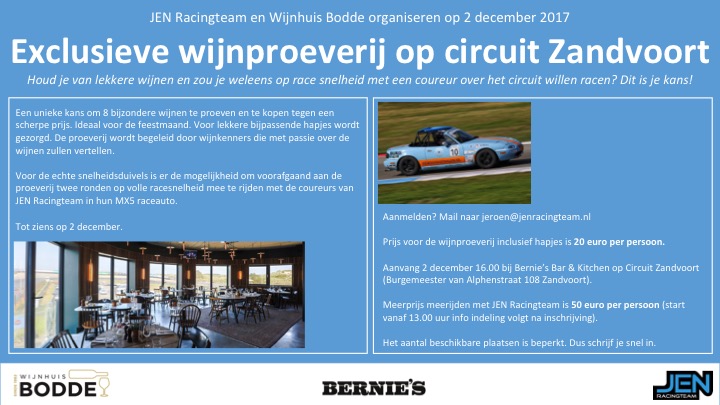 JEN Racingteam organiseeert samen met Wijnhuis Bodde proeverij op Circuit Zandvoort